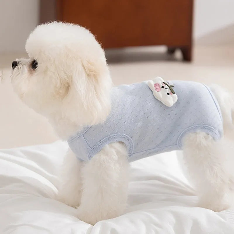 Breathable mesh pet shirt for small dogs and cats in blue or yellow with cat patch and button closure