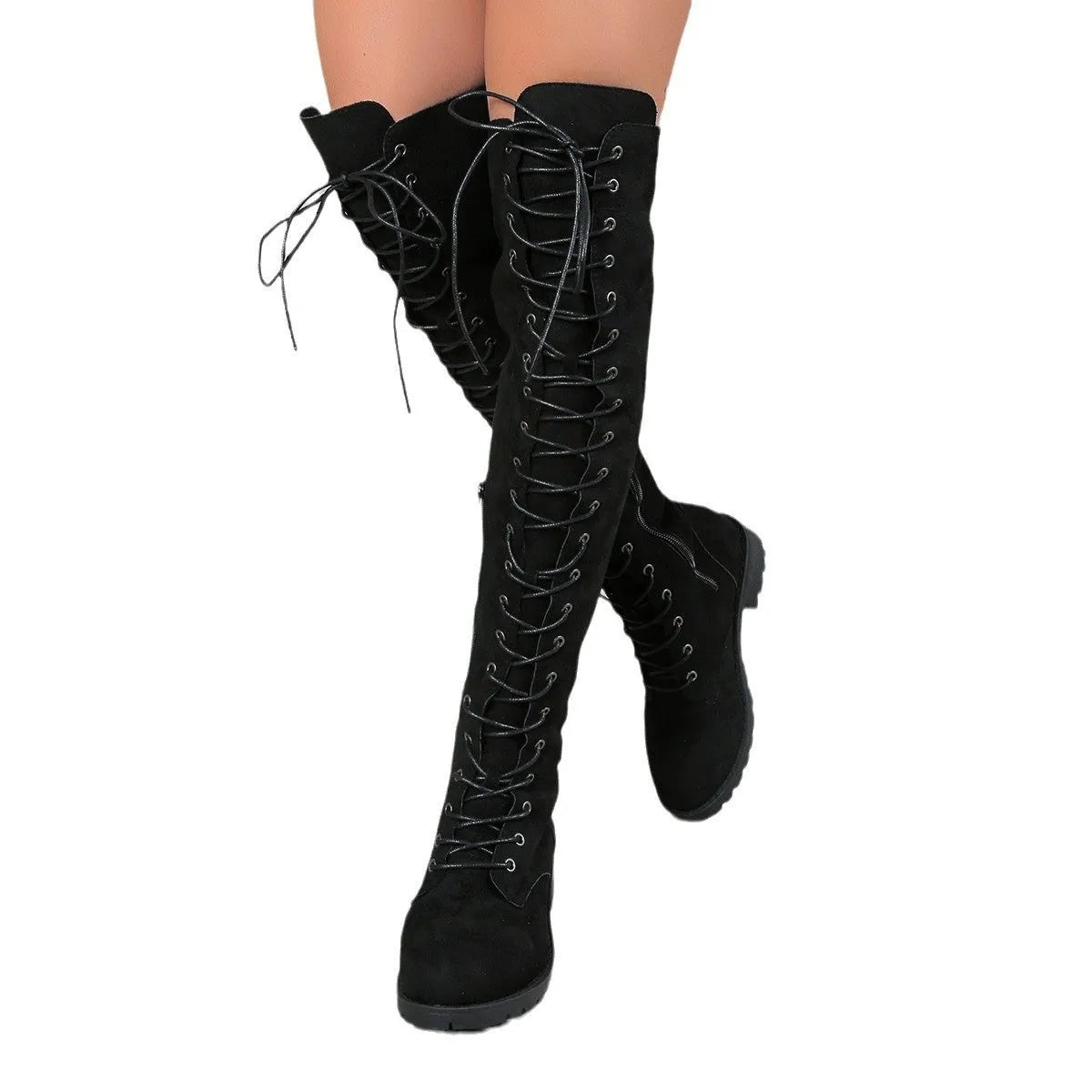 Women's black lace-up over-the-knee boots with round toe and side lacing detail