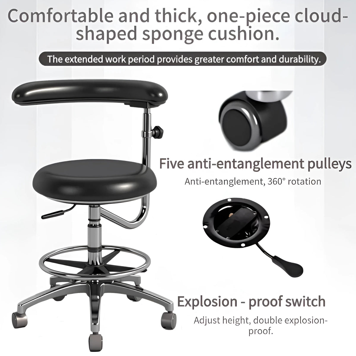 Black leather dental hospital chair with hydraulic height adjustment mechanism