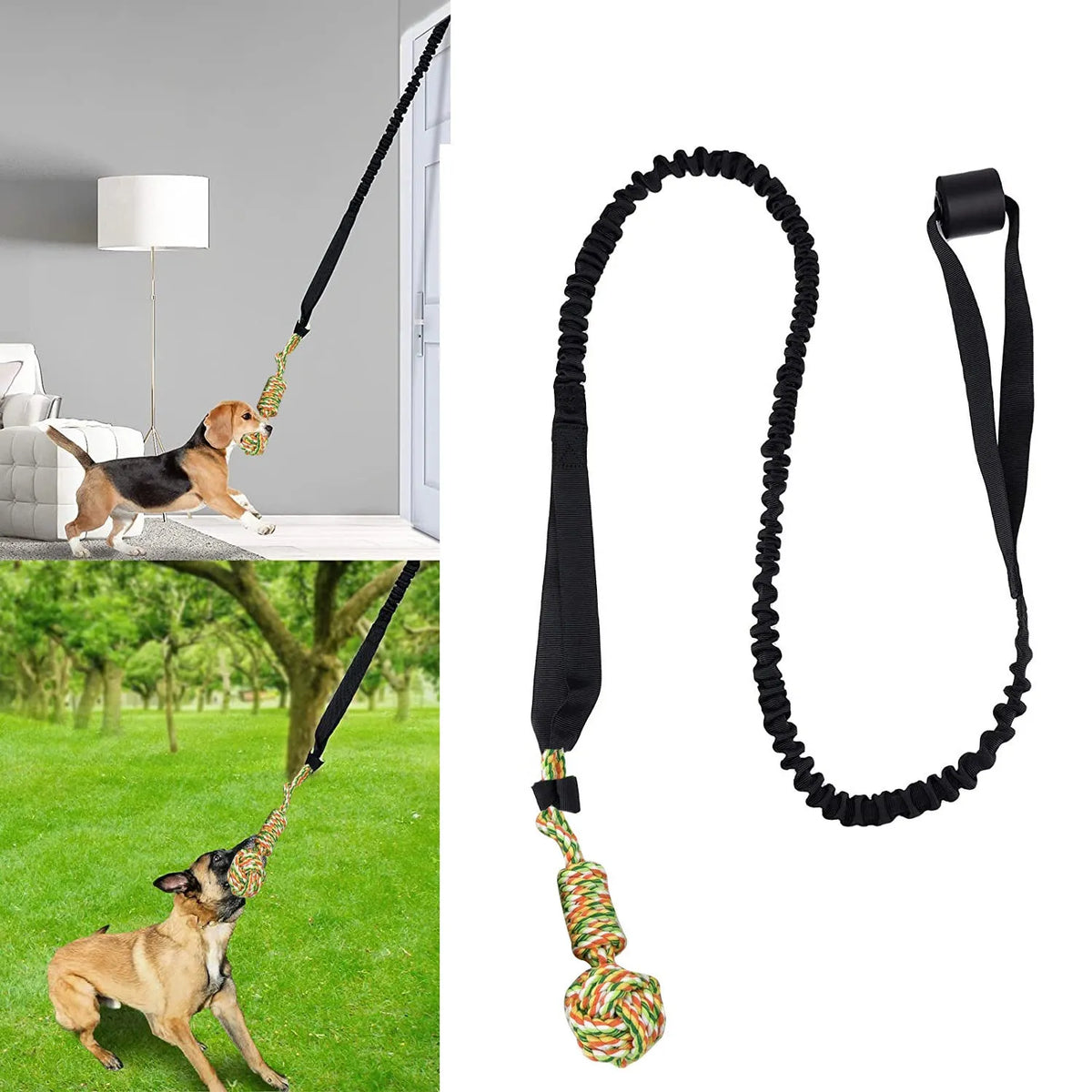 Cotton thread dog tug of war rope toy in black, grey, or red colours for interactive play and dental grinding