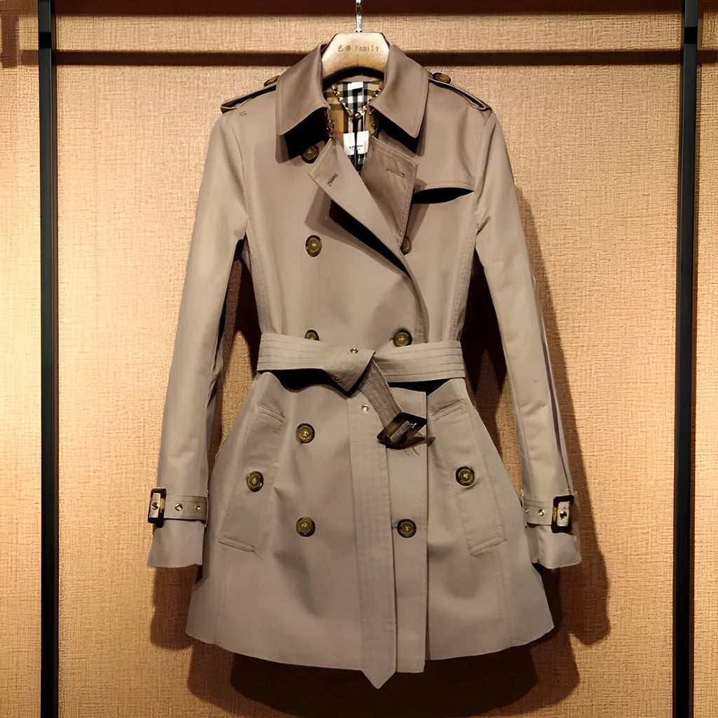 Khaki polyester British double breasted trench coat with flight sleeves and button front
