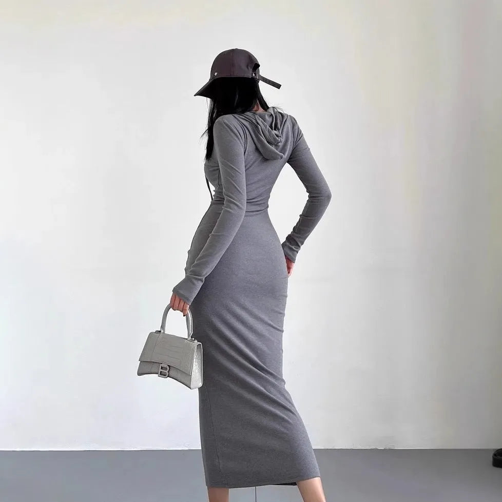 Women's long sleeve hooded sheath dress in polyester fabric showing high waist design