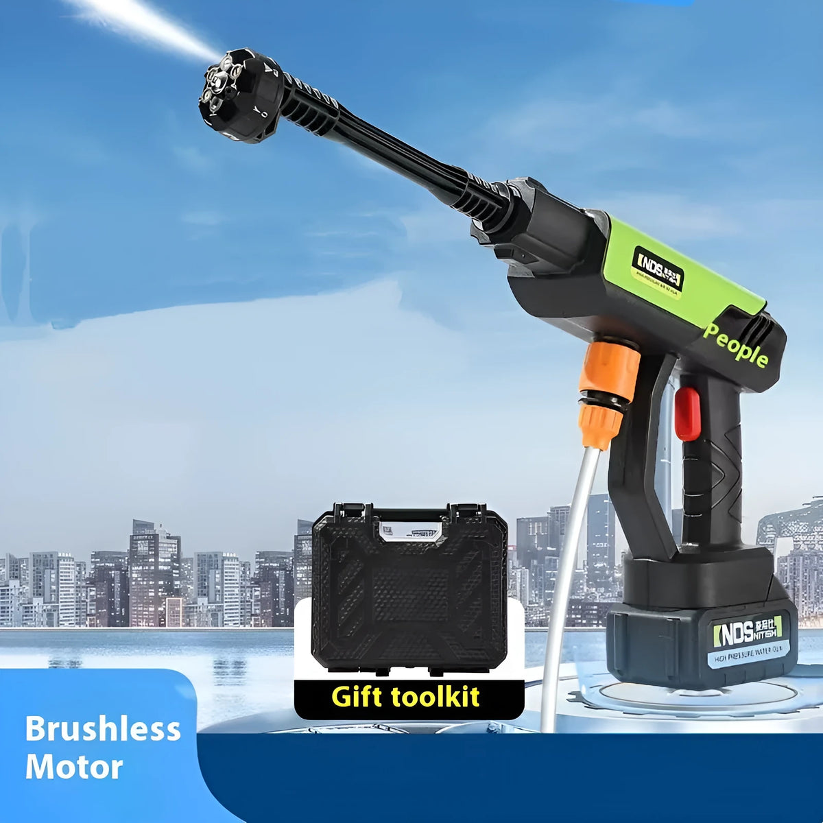 Green wireless high-pressure water gun with six-in-one nozzle and accessories including extension rod and foam pot.