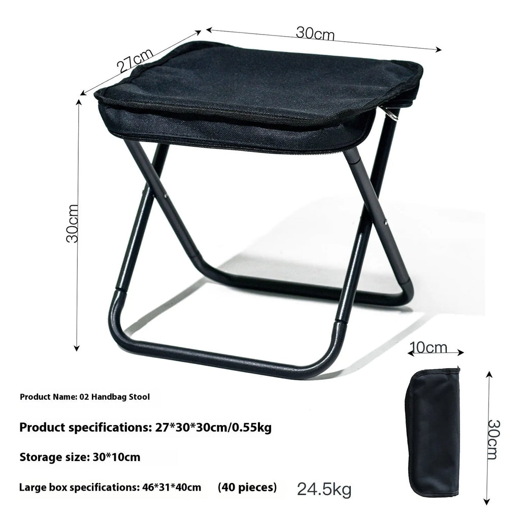 Foldable outdoor camp stool in Oxford cloth, shown in khaki colour, collapsed into its compact pencil box design.