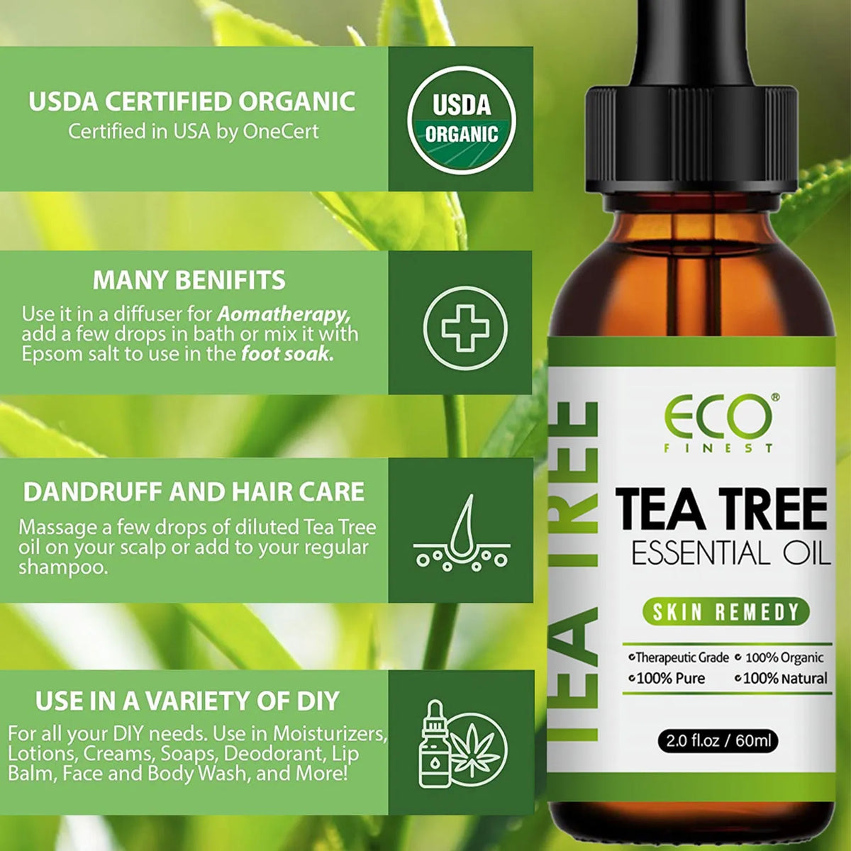 60ml tea tree essential oil roll-on bottle for acne treatment and skincare