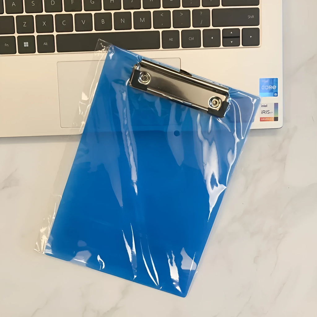 Clear plastic A4 plate holder with metal clip holding documents, available in multiple colours including blue, green, red and white.