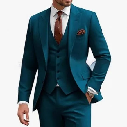 Men's slim fit three-piece suit in a choice of colours including bright red, champagne, and dark purple.