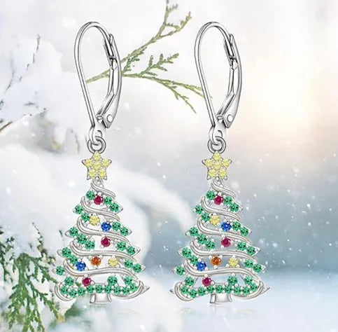 Women's Christmas tree earring pendants in white gold colour with star-shaped design on copper