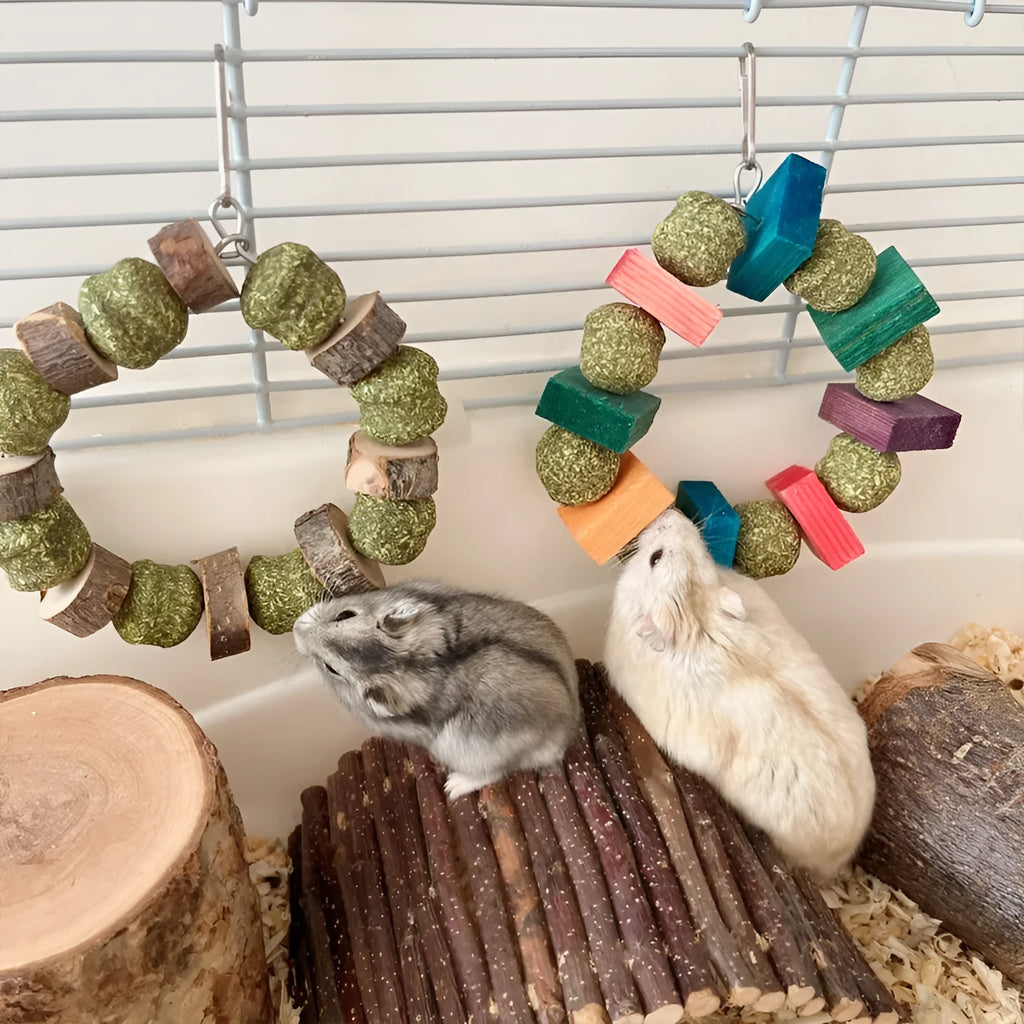 Hamster chew toy with straw balls on ring for small pets dental activity