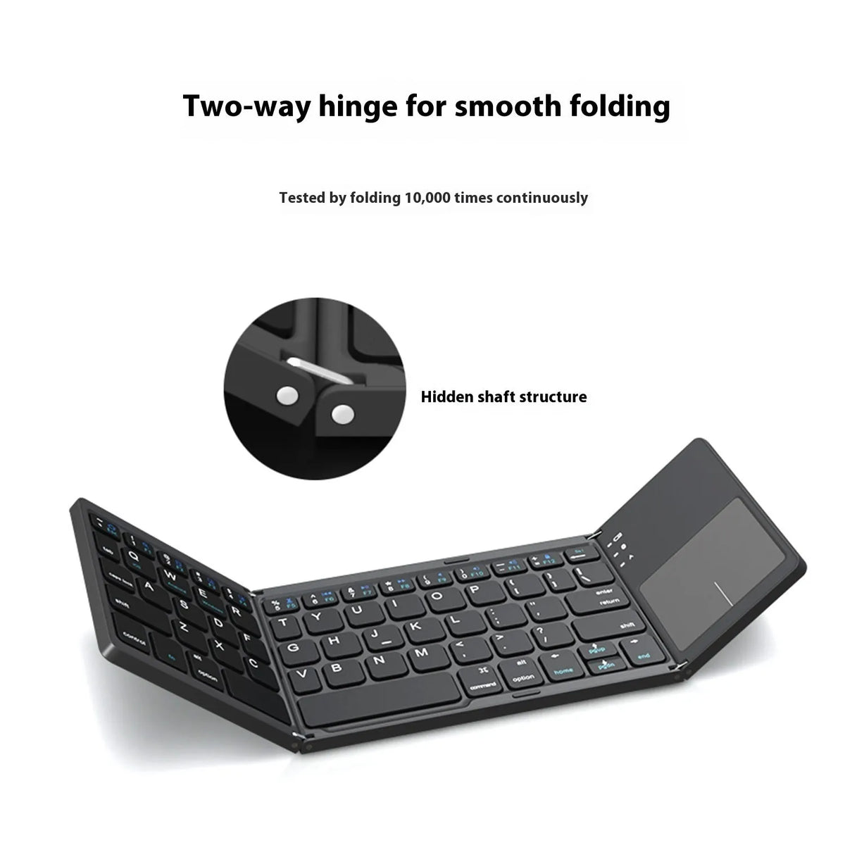 Black tri-fold Bluetooth keyboard shown unfolded next to smartphone demonstrating portable wireless typing