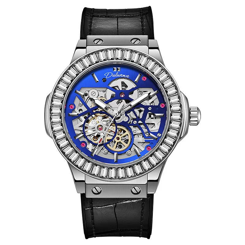 Men's automatic skeleton watch with diamond markers on white shell case