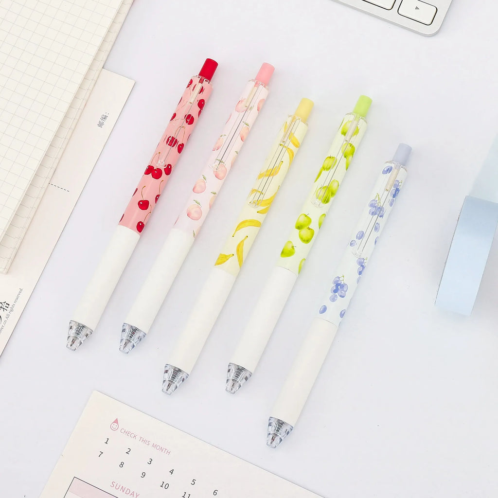 Three fruit scented 0.5mm black ink click pens with plastic barrels and replaceable refills