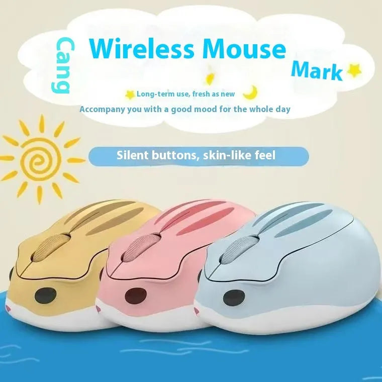 Hamster 109E model wireless Bluetooth silent mouse in grey, pink, or yellow colour.