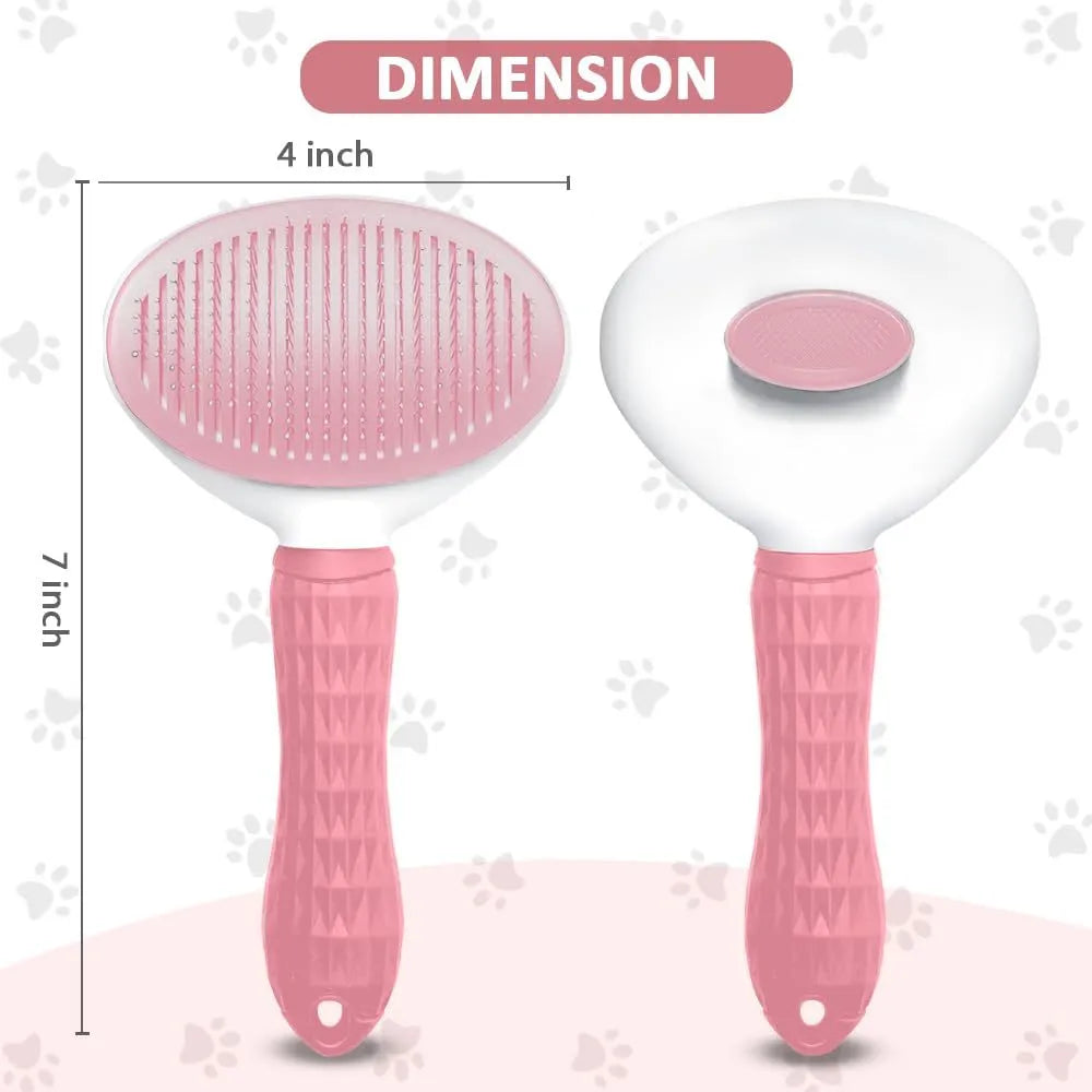 Blue cat grooming brush with a release button and fine wire bristles for pet hair removal