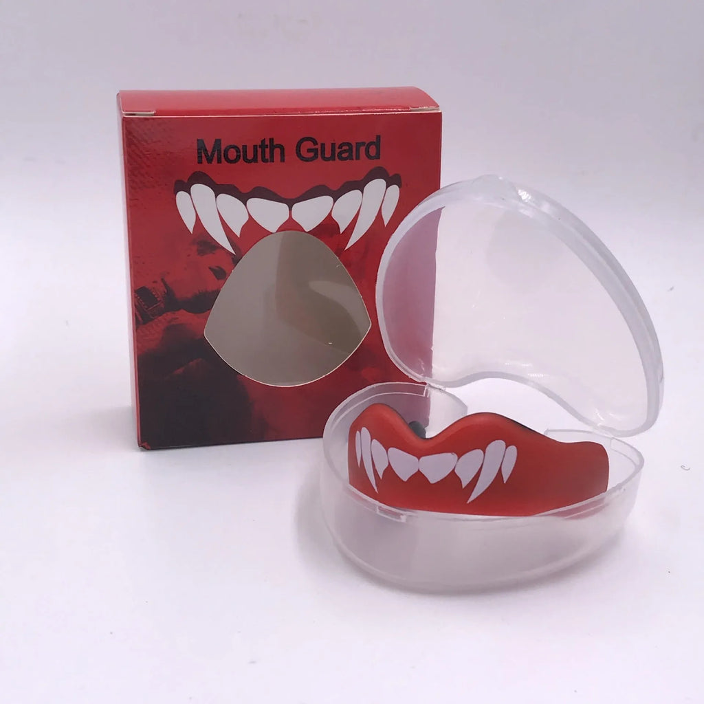 Adult boxing mouthguard with tooth socket design in black and white printed teeth for martial arts training