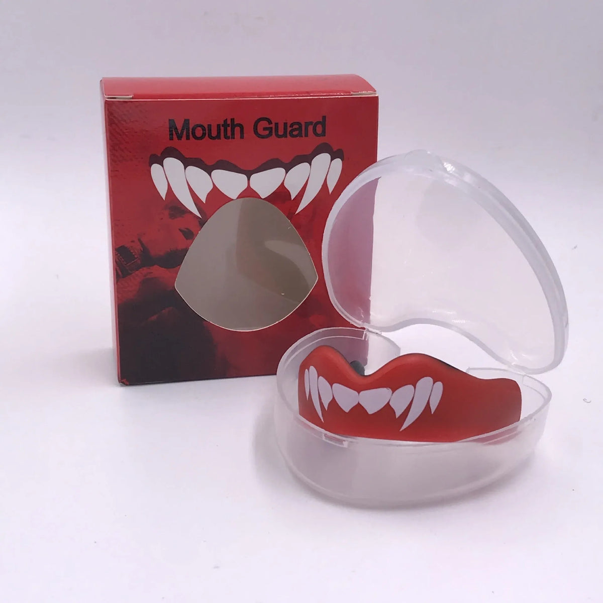 Adult boxing mouthguard with tooth socket design in black and white printed teeth for martial arts training