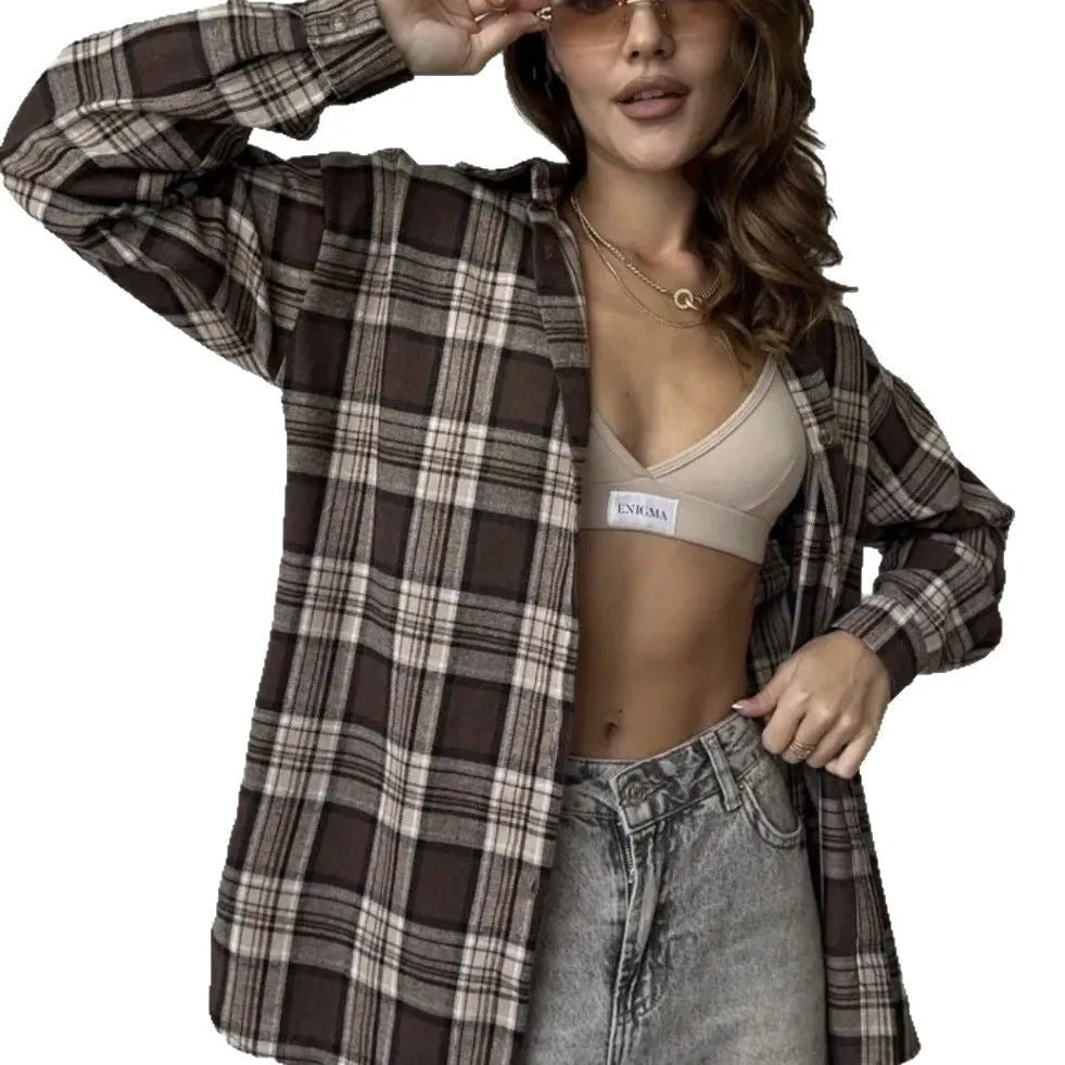 Women's dark brown striped long sleeve shirt with retro styling and collage stitching detail