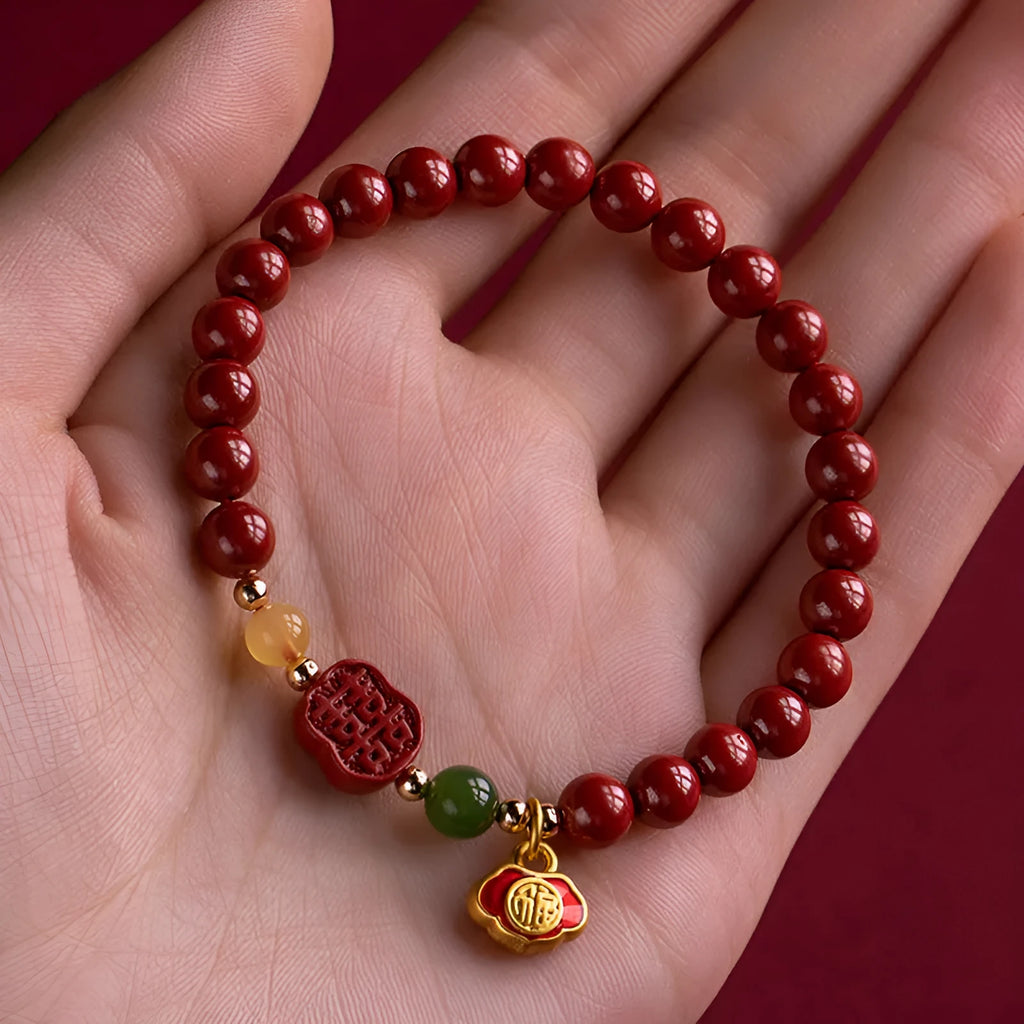 New Chinese style fu character cinnabar bracelet with emperor sandstone beads