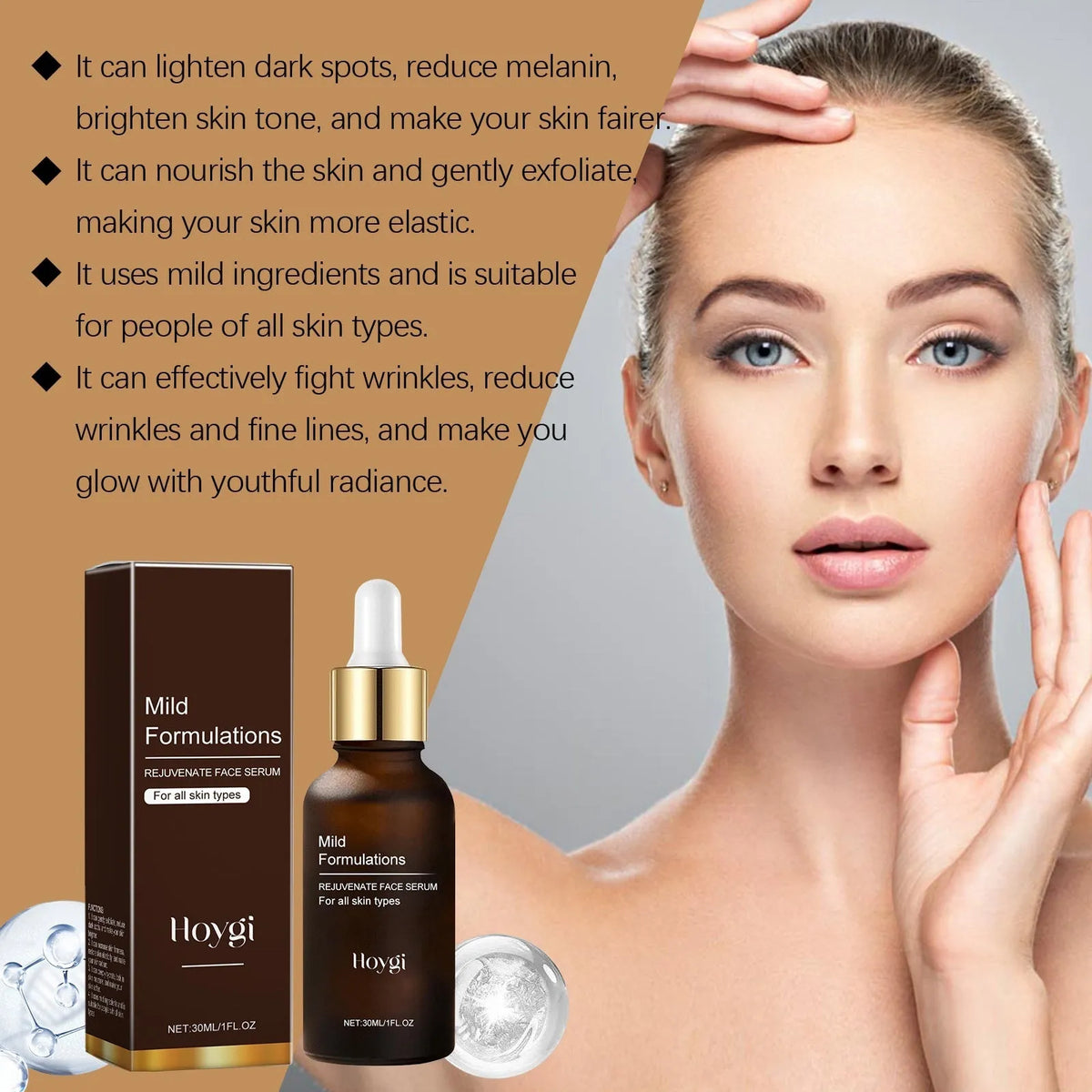 30ml glass bottle of facial essence with arbutin and hyaluronic acid for skin nourishment.