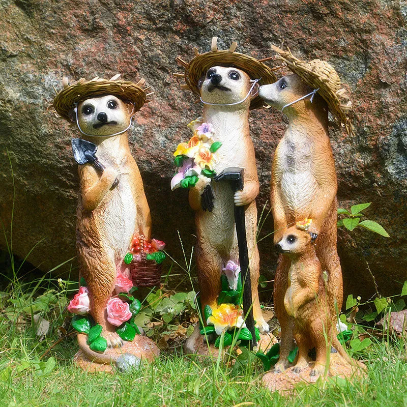 Straw hat mongoose garden ornament in plastic resin with three colour options for bonsai decoration