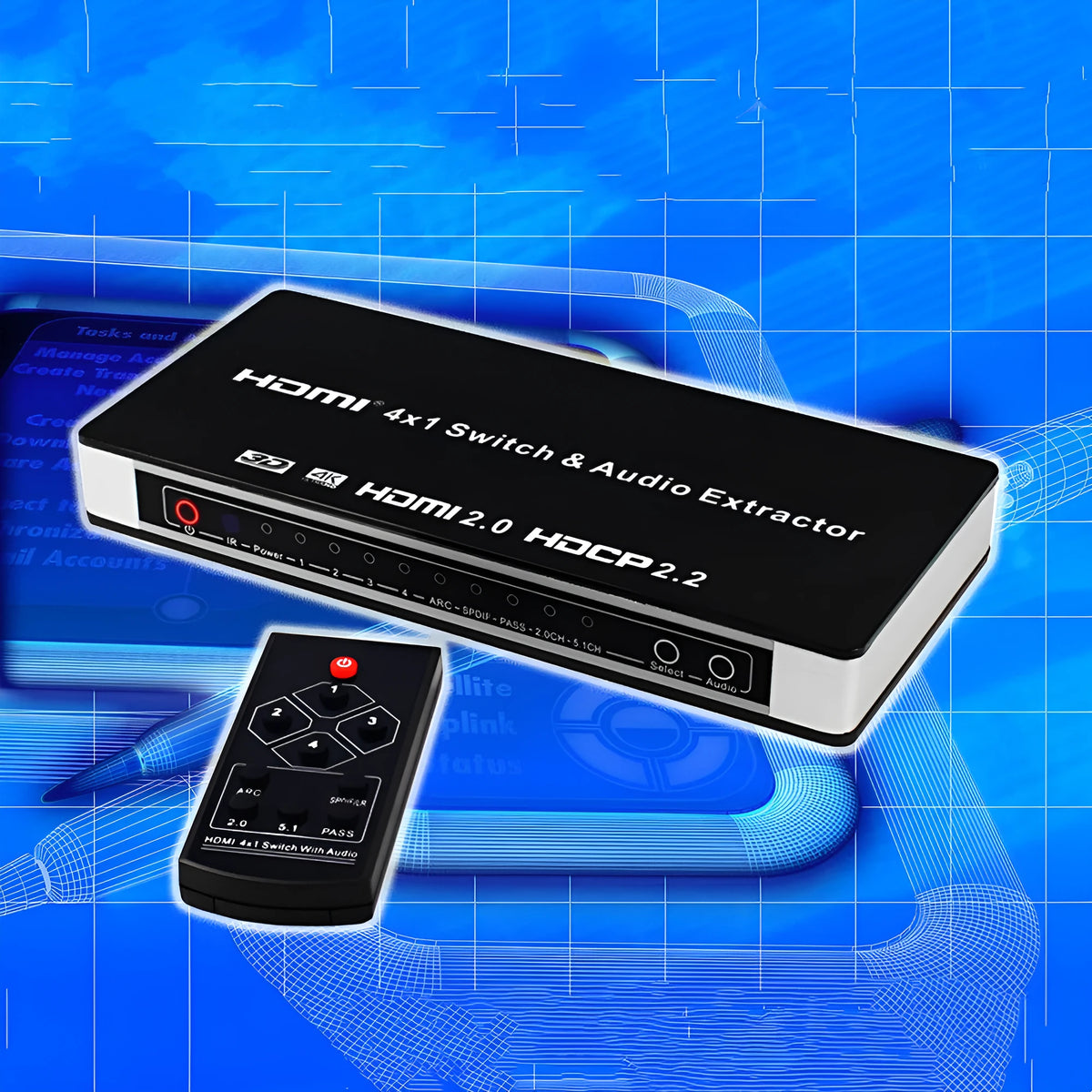 Black HDMI switch unit with remote control for four input, one output audio separation.