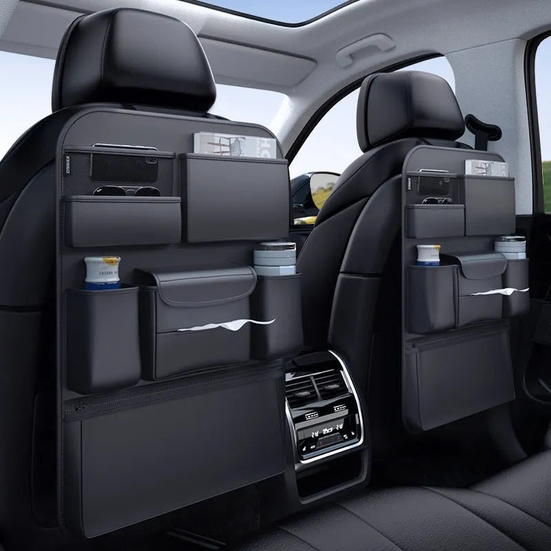 Black leather car seat back storage hanging bag with handle in two size options