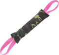 Beige jute dog tug toy with two fabric handles, shown alongside a pink version