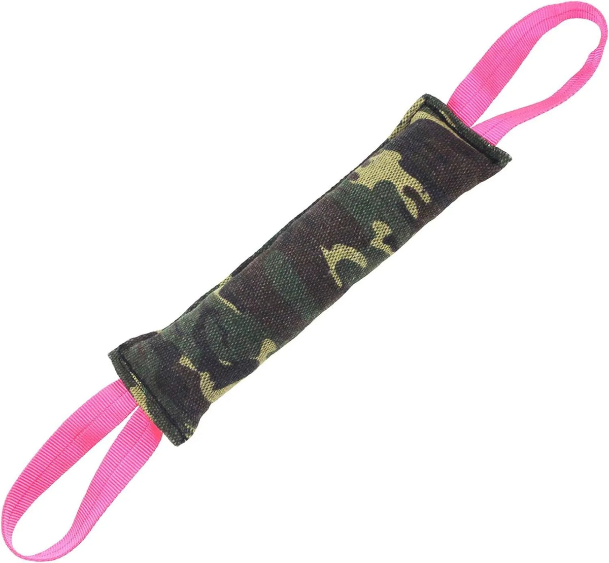 Beige jute dog tug toy with two fabric handles, shown alongside a pink version