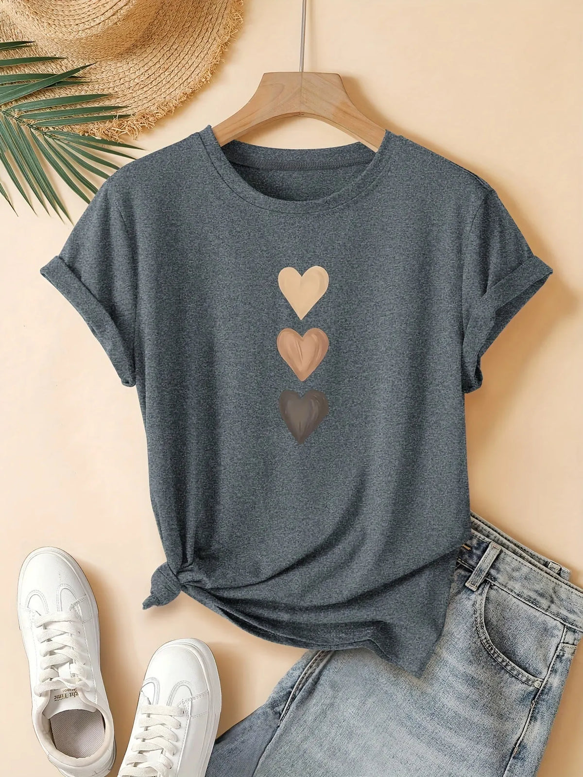 Women's pure cotton short sleeve T-shirt with printed three heart design in blue colour