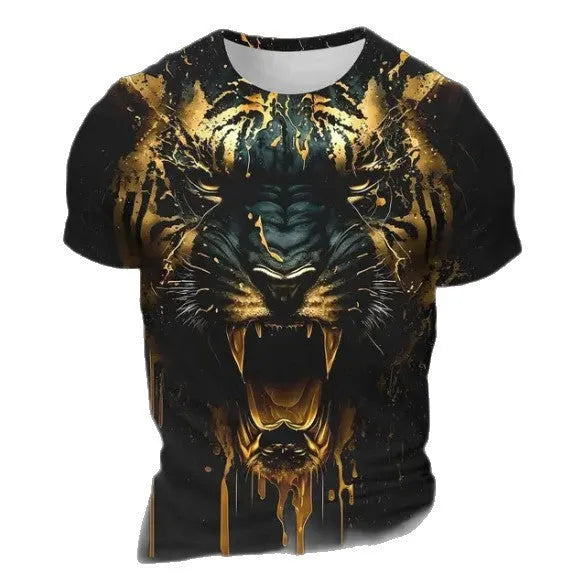 Close-up of a man's grey T-shirt with a detailed 3D tiger face digital print on the chest.