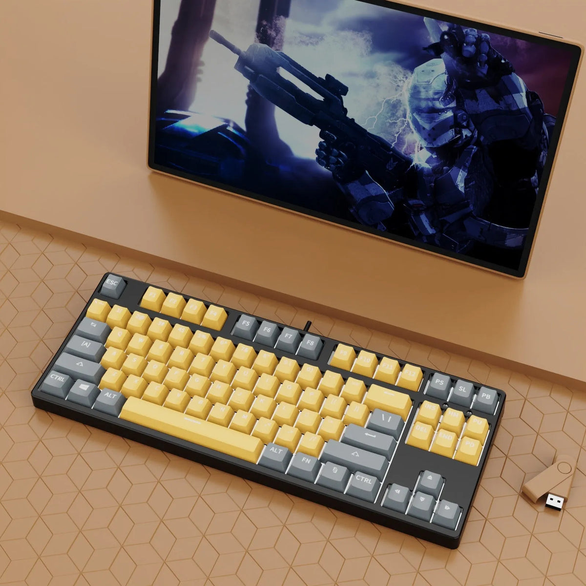 87-key wired mechanical keyboard with hot-swappable sockets in a dual-colour design