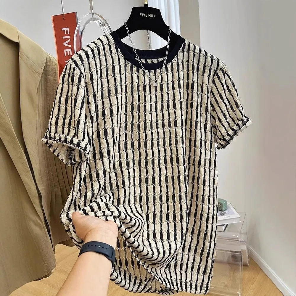 Men's black striped loose fit short sleeve shirt in silk linen fabric on size chart