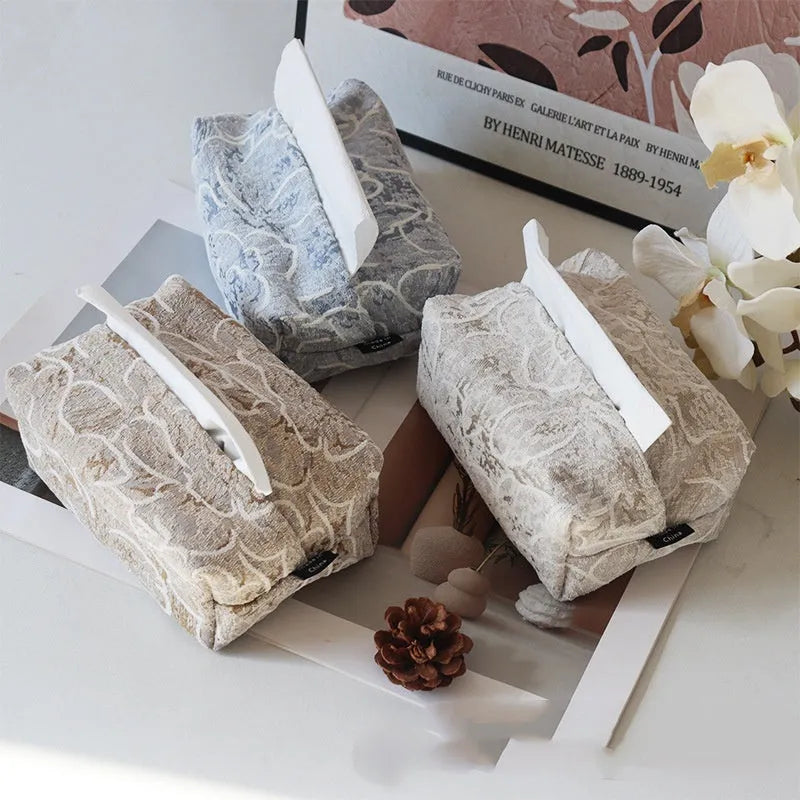Chinese style floral cotton tissue box in beige, blue or brown measuring 17x11x7cm