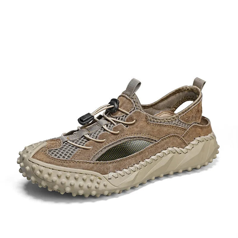 Men's black leather mesh sports sandals with elastic band and rubber sole.