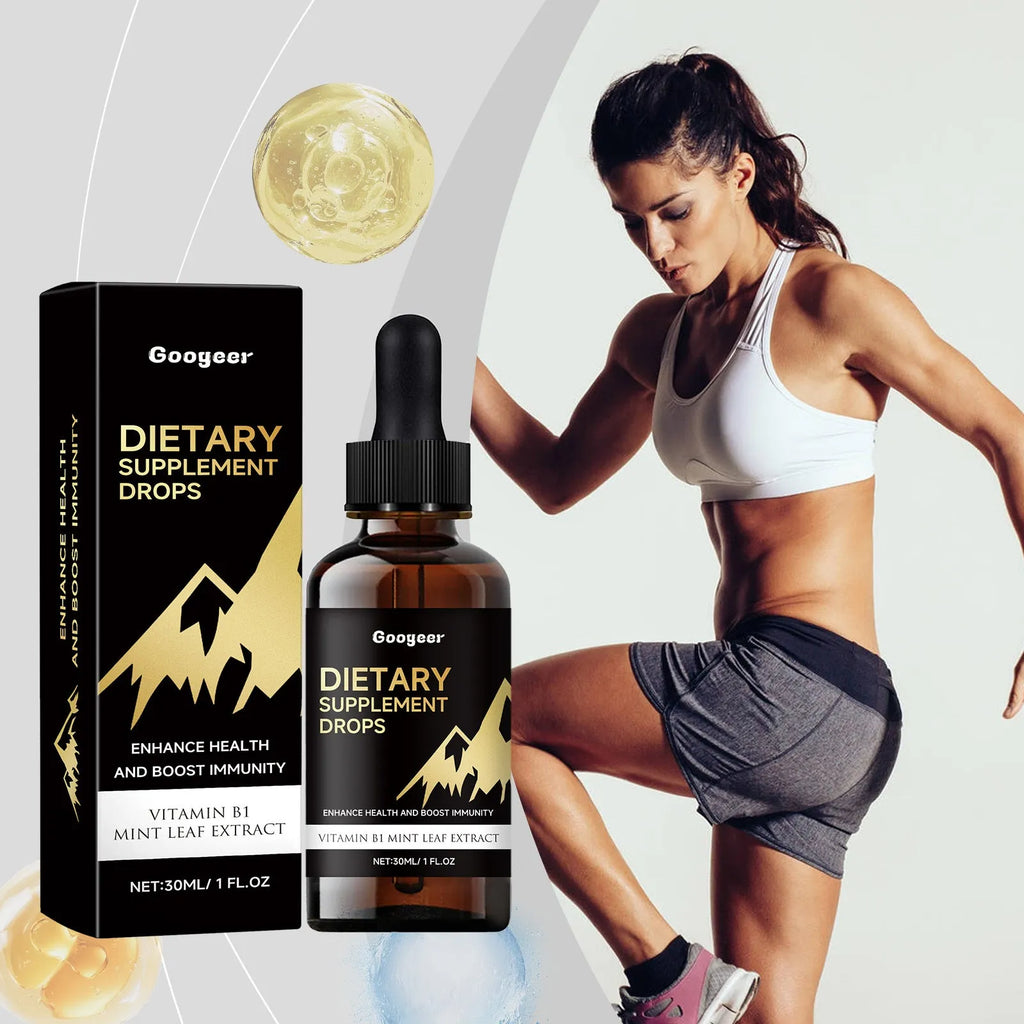 Glass bottle of amber liquid dietary supplement drops with a black rubber dropper top.