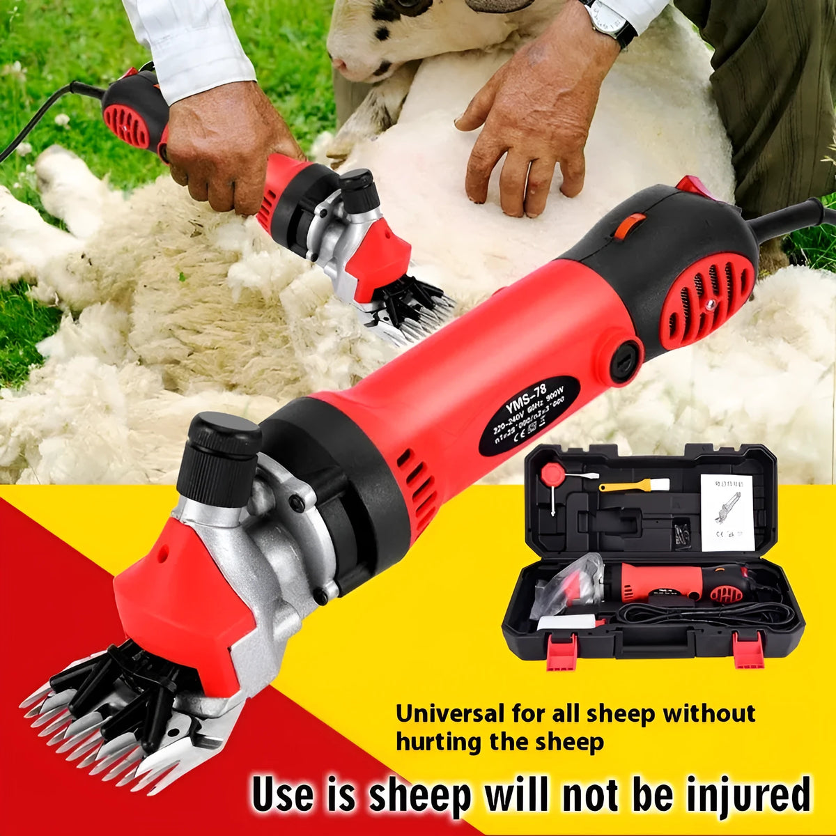 Yellow electric wool shearing machine with 110V plug and multiple blade sets in plastic storage box