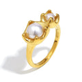 Gold stainless steel ring for women with bud imitation pearl and flower geometric design, sizes No 6 to No 8