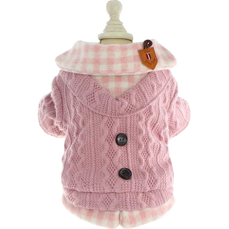 Blue plaid fleece-lined cotton dog sweater jacket on small breed dog