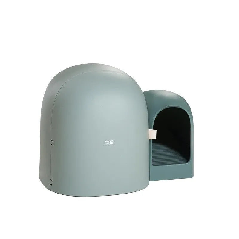 Large Moss Green coloured enclosed cat litter box with dome lid, made of ABS plastic.