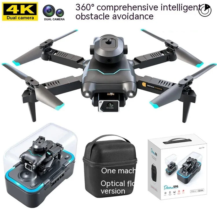 Black four-axis obstacle avoidance drone with optical flow hover and dual camera system measuring under 30cm