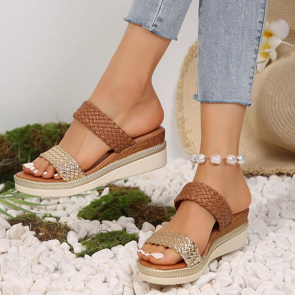 Gold and silver plus size wedge sandals for women available in sizes UK 36 to 43