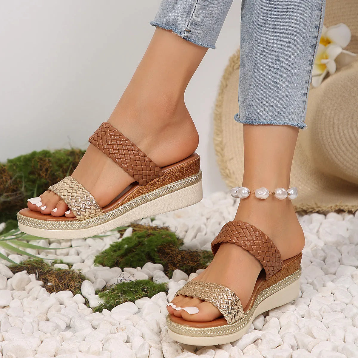 Gold and silver plus size wedge sandals for women available in sizes UK 36 to 43