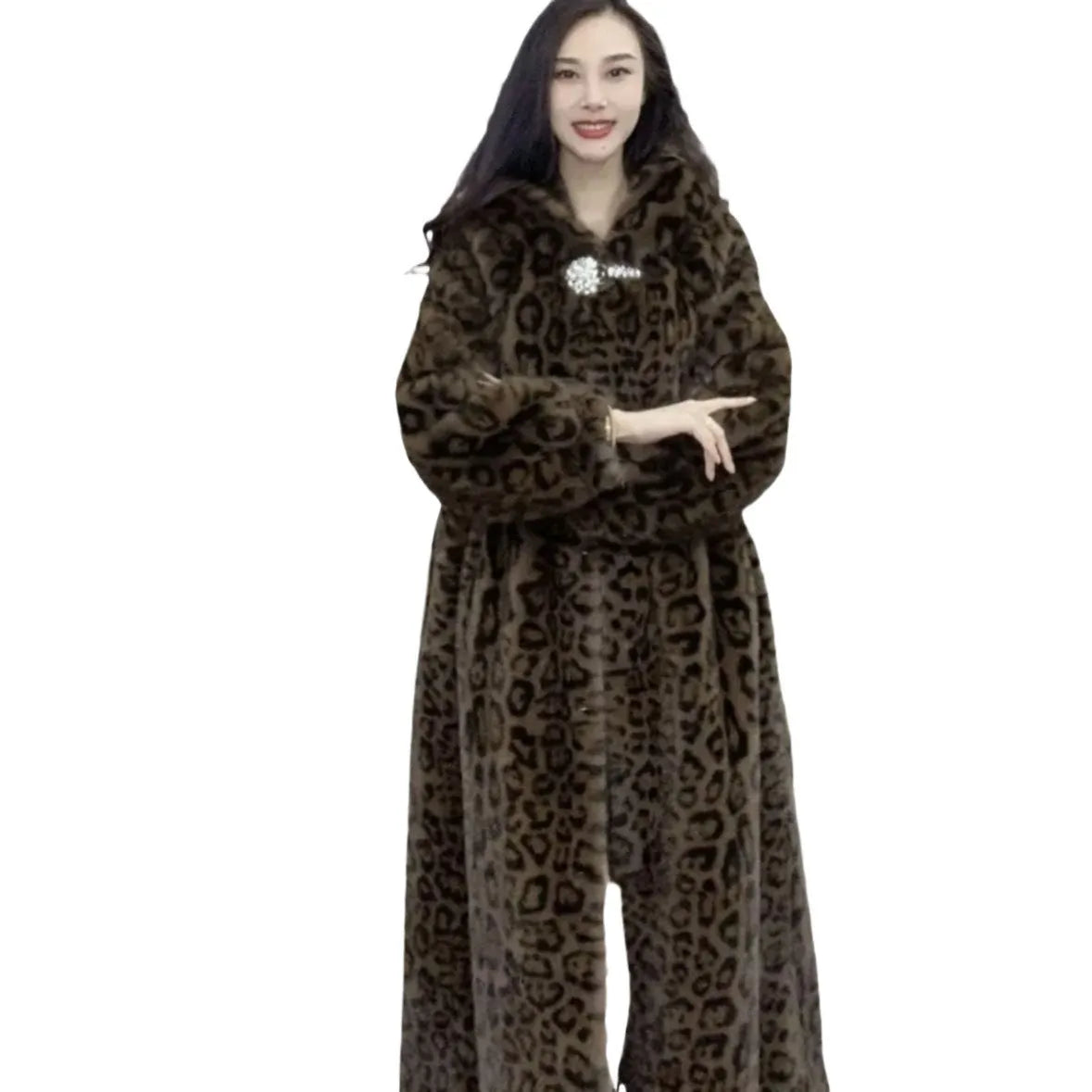 Long brown leopard print faux fur coat for women in plus sizes.