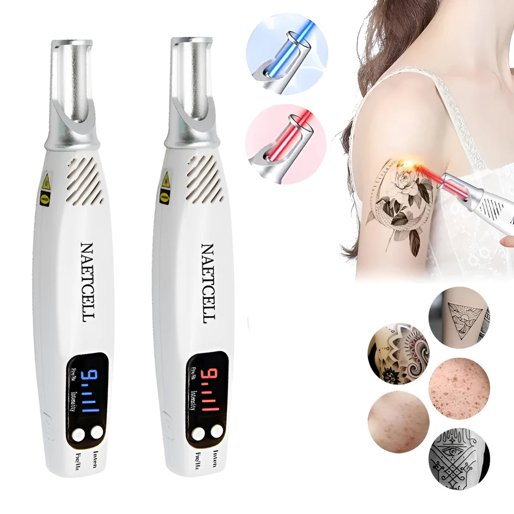 Picosecond laser pen light therapy device for tattoo scar mole freckle dark spot removal, blue or red, with goggles and charger