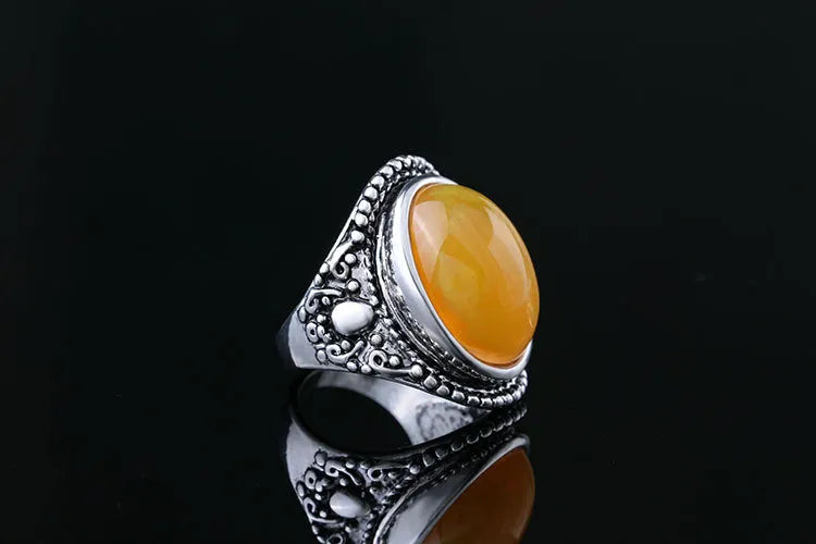 Geometric fluorescent beeswax alloy electroplated ring in antique silver amber colour