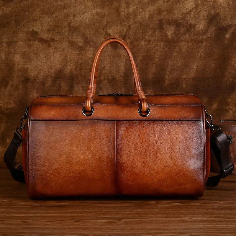 First layer cowhide leather retro handbag with below 20L capacity in brown colour