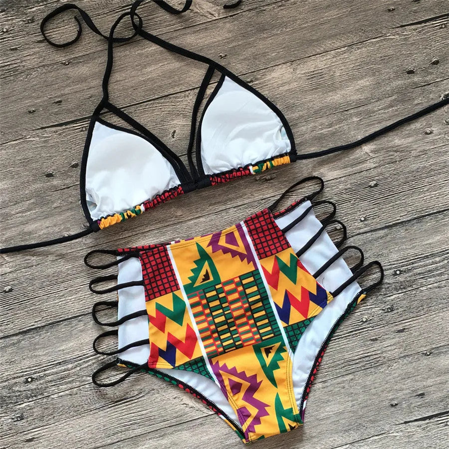 Women's high-waist split bikini swimsuit with digital printing, showing top and shorts.