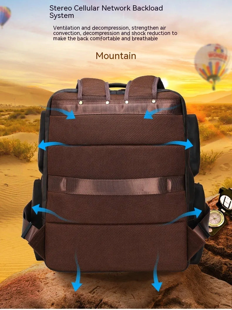 Dark brown retro crazy horse leather backpack for men with a 17-inch laptop compartment.