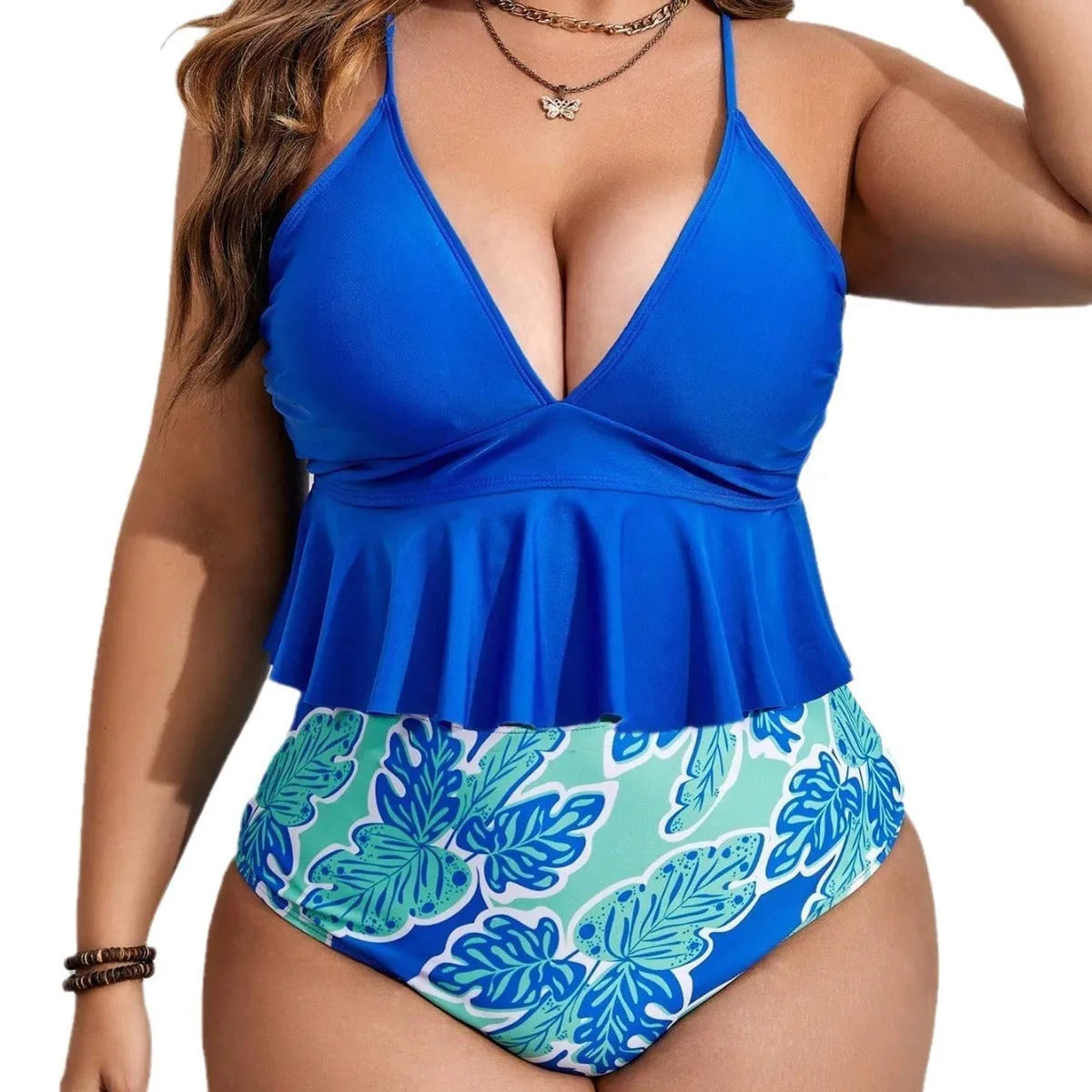Blue women's two-piece bikini swimsuit with high-waisted briefs on a mannequin.