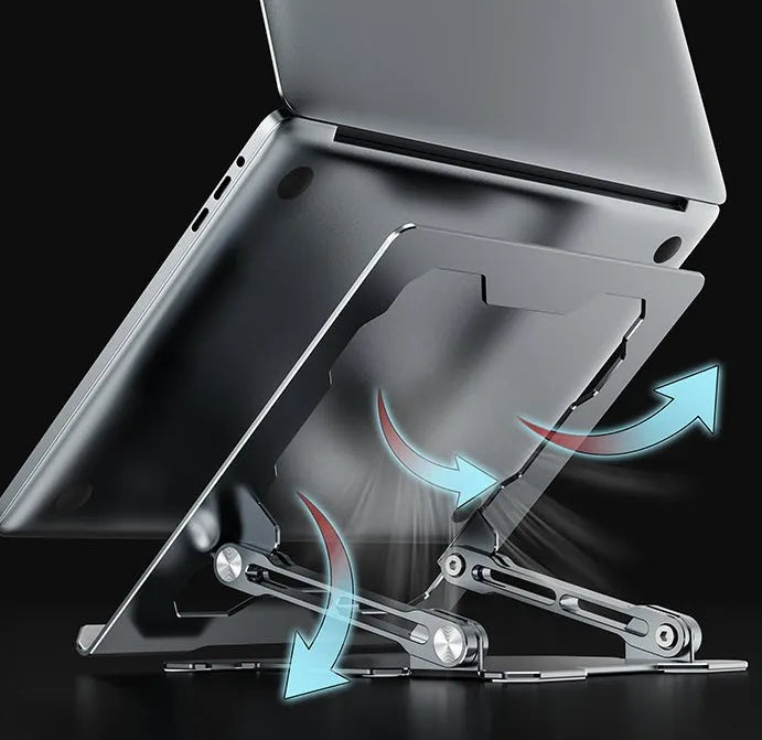 Grey adjustable aluminium laptop stand showing hollow construction and silicone protection pads